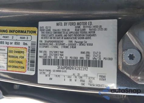 2015 Ford Fusion Se from USA, damaged, VIN 3FA6P0HD9FR282392
